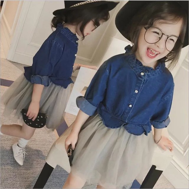 デニム風シャツチュールワンピース☆チュールスカート キッズ/ベビー/マタニティのキッズ服女の子用(90cm~)(ワンピース)の商品写真