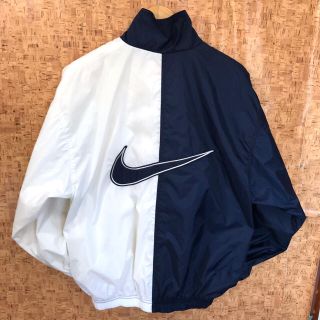 ナイキ(NIKE)のバイカラー 90s ☆ NIKE ビッグスウォッシュ ナイロン L相当 紺 白(ナイロンジャケット)