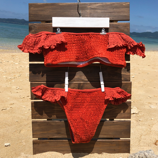bikini➳オフショルダーワッフルビキニ オレンジ インポート レディースの水着/浴衣(水着)の商品写真