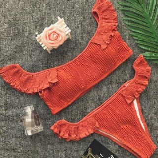 bikini➳オフショルダーワッフルビキニ オレンジ インポート(水着)