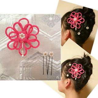 パールビーズ Uピンセット 八重菊結び  花結び ヘアアクセサリー 着物 浴衣(その他)