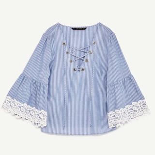 ザラ(ZARA)の【人気 新品】大人カワイイ♡清楚なブルー♪ ストライプ♡レースアップ♡ブラウス(シャツ/ブラウス(半袖/袖なし))