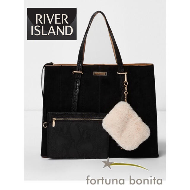 新品タグ付☆RIVER ISLAND☆ 黒シックに☆ファーポーチ付2wayトート ...