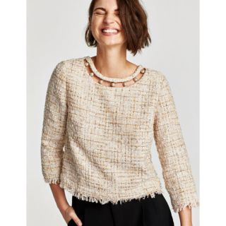 ザラ(ZARA)のZARA ツイード パールトップス(カットソー(長袖/七分))