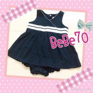 ベベ(BeBe)の美品✨BeBeワンピース 70 紺色×白ドット 胸元レース付き 日本製(ワンピース)