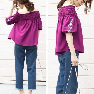 グレイル(GRL)のシャーリング2way 袖刺繍ブラウス パープル(シャツ/ブラウス(半袖/袖なし))