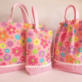 レッスンバッグ 上履き入れ 体操着袋 ３点セット 女の子 ハンドメイド ピンク(バッグ/レッスンバッグ)