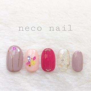 neco nail No.7 アッシュモカ・ピンク♡シェル ショート