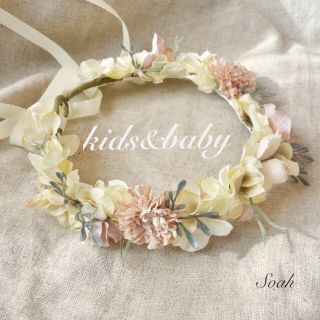 antique pink & white 花かんむり キッズベビー ハンドメイド(ヘアアクセサリー)