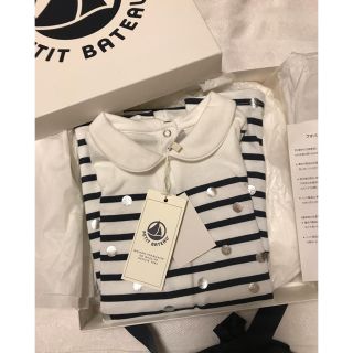 プチバトー(PETIT BATEAU)の新品タグ付き プチバトー  マリニエール ドット半袖ワンピース ボーダー 12m(ワンピース)