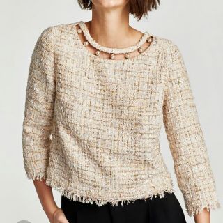 ザラ(ZARA)のツイード トップス パール(カットソー(長袖/七分))