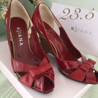 ダイアナ(DIANA)の最終お値下げ。DIANA♡リボンオープントゥ 23.5レッド 赤 ウェッジソール(ハイヒール/パンプス)