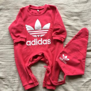 アディダス(adidas)の☆福腹さん専用☆ アディダス風ロンパース 帽子付き 80-90cm(ロンパース)