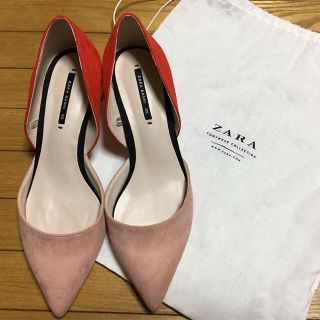 ザラ(ZARA)の最終価格 ZARA ザラ 配色 パンプス ピンクベージュ 朱色 35サイズ 美品(ハイヒール/パンプス)