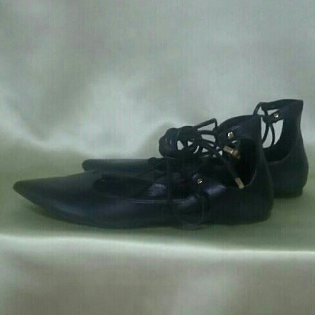 合革 編み上げローヒールパンプス♪ 黒  24㎝ レディースの靴/シューズ(ハイヒール/パンプス)の商品写真