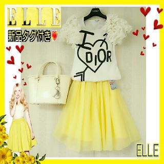 エル(ELLE)の新品タグ付き💛ELLE💛レディな春色イエローふんわり シフォン調スカート38(ひざ丈スカート)