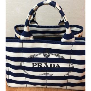 プラダ(PRADA)のプラダ カナパ ネイビーボーダーM 美品(ハンドバッグ)