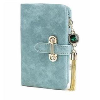 【残りわずか】スエード二つ折り財布[ブルー] かわいいクリスタル チャーム付き(財布)