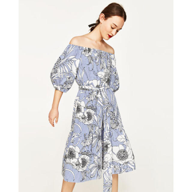 ZARA ストライプ フラワー オフショルダー ワンピース XS ZARA ストライプ フラワー オフショルダー ワンピース XS