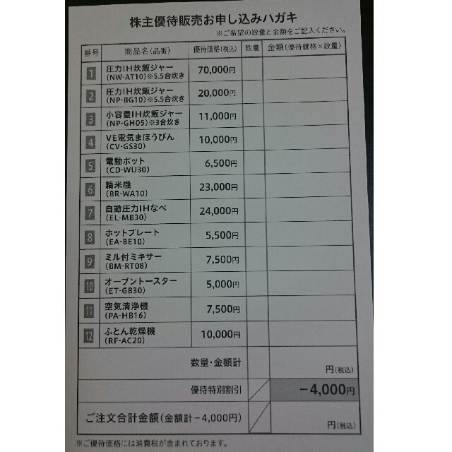 象印(ゾウジルシ)の【最新】象印 株主優待 特別価格購入はがき ４０００円引き【送料無料】 その他のその他(その他)の商品写真