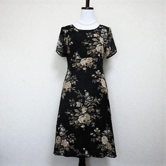 LAURA ASHLEY - 【ローラアシュレイ】美しいベージュ薔薇柄半袖シルクシフォンワンピース黒M-L