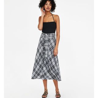 ザラ(ZARA)のチェック柄リネンスカート(ロングスカート)