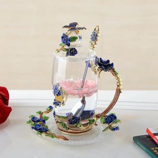 薔薇花柄 ガラス製 ．ティーカップ 4点セットコーヒーカップ