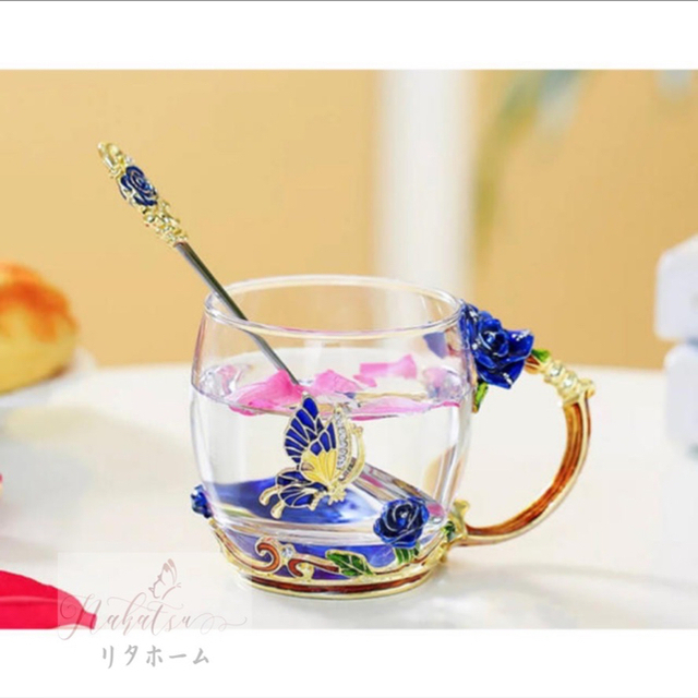 薔薇花柄ガラス製 ．ティーカップ 2点セットコーヒーカップ