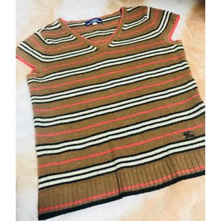 バーバリーブルーレーベル(BURBERRY BLUE LABEL)の美品　バーバリー ピンクボーダーデザイン　半袖ニット 毛(ウール)100%(カットソー(半袖/袖なし))