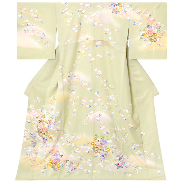 数回着用 花籠と桜 黄緑地 訪問着 clubpetschile.cl