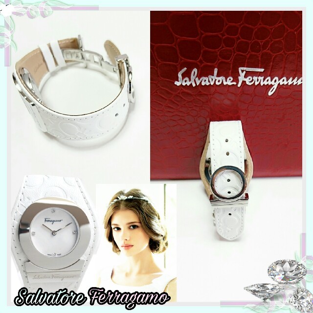 Salvatore Ferragamo(サルヴァトーレフェラガモ)の美品💗フェラガモ4Pダイヤ💗お嬢様ホワイト ガンチーニ腕時計☆お箱付き稼働中 レディースのファッション小物(腕時計)の商品写真