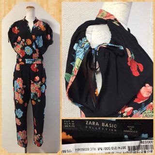 ザラ(ZARA)の美品♪ZARA（ザラ）花柄 総柄 デザイン袖 オールインワン(オールインワン)