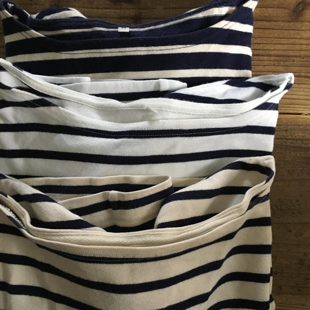 MUJI (無印良品)(ムジルシリョウヒン)の無印 ドロップショルダーTシャツ 白ネイビーボーダー レディースのトップス(Tシャツ(長袖/七分))の商品写真