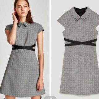 ザラ(ZARA)のZARA♡チェックワンピース♡襟付き♡ビジュー♡新品(ミニワンピース)