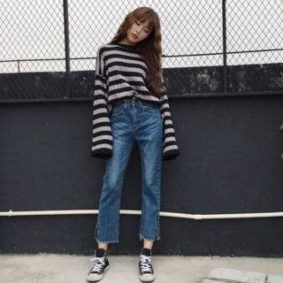 【SALE】ハイウエスト ストレートデニム ジーンズ パンツ 韓国服 オルチャン(デニム/ジーンズ)