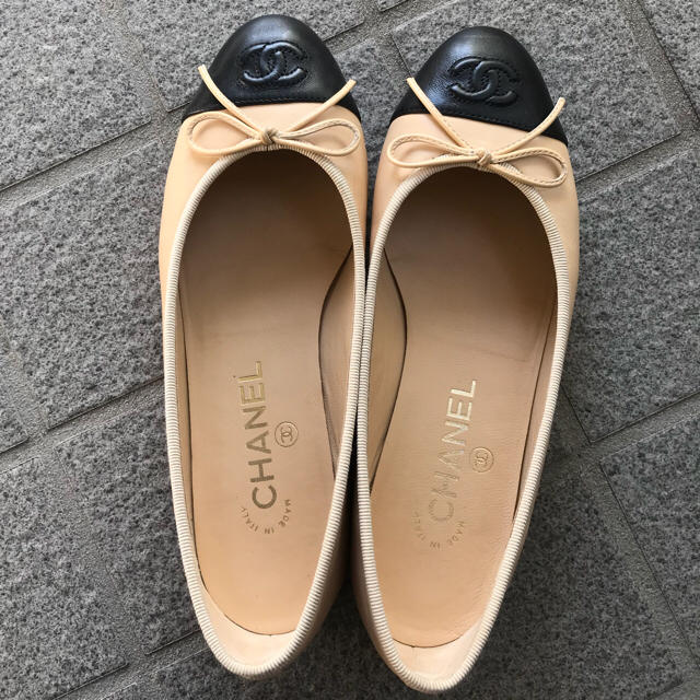 CHANEL バイカー バレエシューズ ベージュ ブラック 100%本物保証