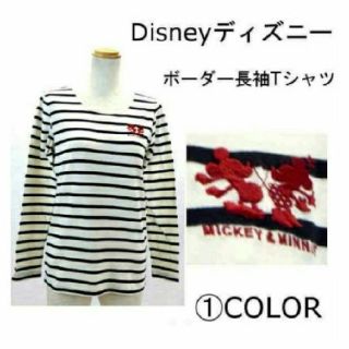 ディズニー(Disney)の【新品未使用】ミッキー＆ミニー刺繍ボーダー長袖Tシャツ(L、ネイビー)(Tシャツ(長袖/七分))