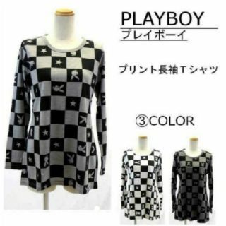 プレイボーイ(PLAYBOY)の【新品未使用】PLAY BOY 格子柄プリント長そでTシャツ(L、グレー)(カットソー(長袖/七分))