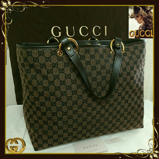 Gucci(グッチ)の美品GUCCI💖エレガンス ダークブラウンGG柄 大きめトート 保存袋、冊子付 レディースのバッグ(トートバッグ)の商品写真
