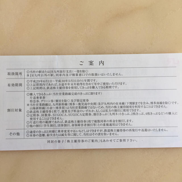 JR(ジェイアール)のJR九州 鉄道株主優待券 チケットの乗車券/交通券(鉄道乗車券)の商品写真