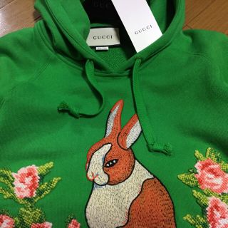 ●GUCCI17awうさぎ刺繍アップリケ緑スウェットプルパーカーXS●グッチ