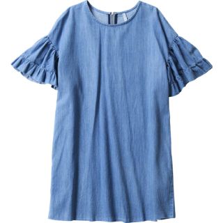 ザラ(ZARA)のZARA カットオフ デニムワンピース L フリル袖 フレアスリーブ SNS(ミニワンピース)