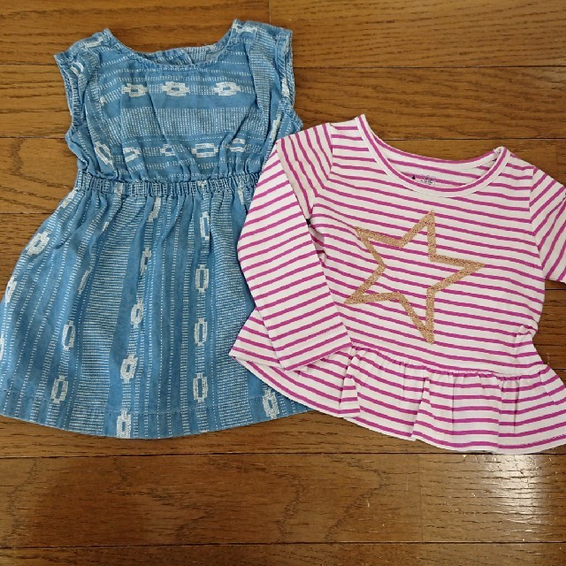 babyGAP(ベビーギャップ)のオールドネイビーデニムワンピース+gapボーダーロンTセット キッズ/ベビー/マタニティのベビー服(~85cm)(Ｔシャツ)の商品写真