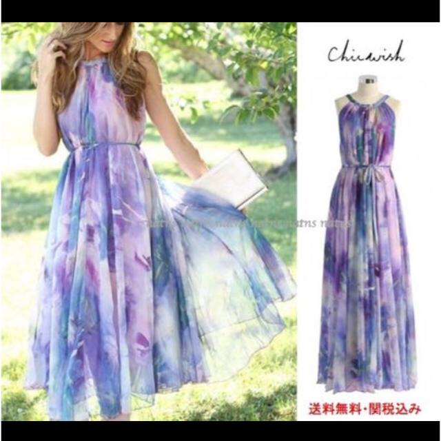 Chicwish(シックウィッシュ)のchicwish フローラルウォーターカラー ワンピース 花柄  レディースのワンピース(ロングワンピース/マキシワンピース)の商品写真