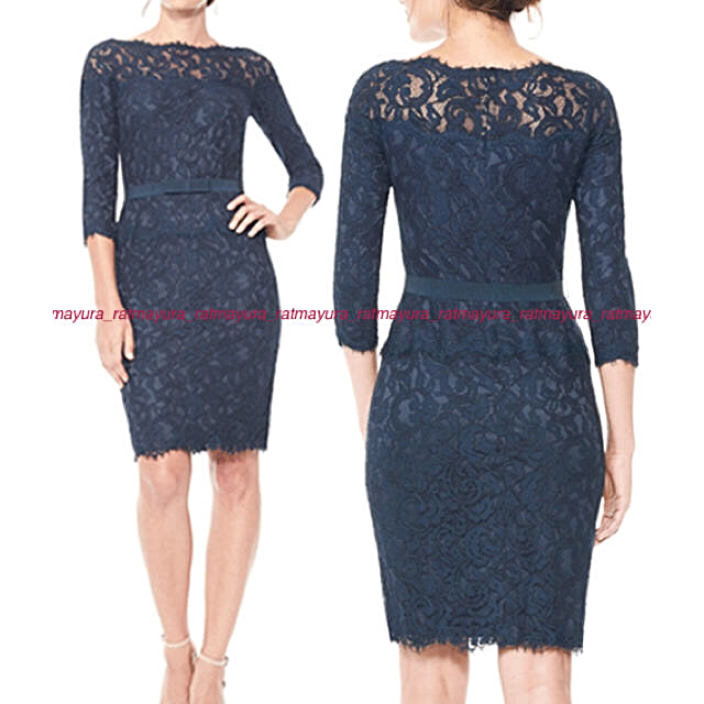 TADASHI SHOJI - TADASHI SHOJI総レース七分袖ワンピース*ネイビー6P