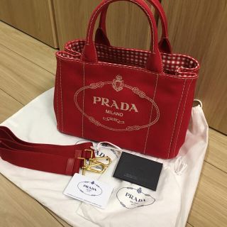 コットンキャンバス値下　PRADA カナパ　2way 赤ギンガムチェック　プラダ　ショルダーバッグ