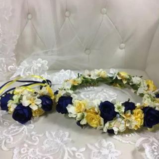 45.ネイビーブルーとイエローローズの花かんむりとリストレット(ヘアアクセサリー)