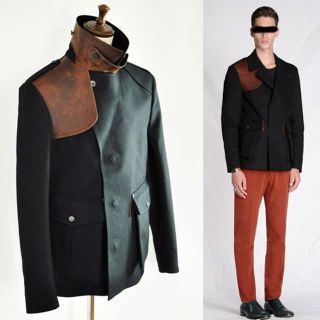 マルタンマルジェラ(Maison Martin Margiela)のMAISON MARGIELA マルジェラ 10レザー×ツイルジャケット44黒　(トレンチコート)