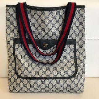 グッチ(Gucci)のグッチ GUCCI オールドグッチ シェリーライン トートバッグ ネイビー 美品(トートバッグ)