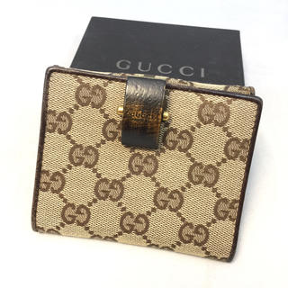 グッチ(Gucci)のGUCCI グッチ ブラウン GGキャンバス×レザー バンブー コンパクト折財布(財布)